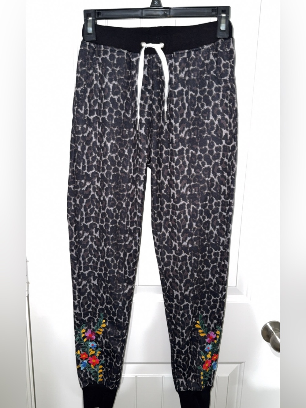 Boutique Leopard Print Joggers with Colorful Floral Embroidery